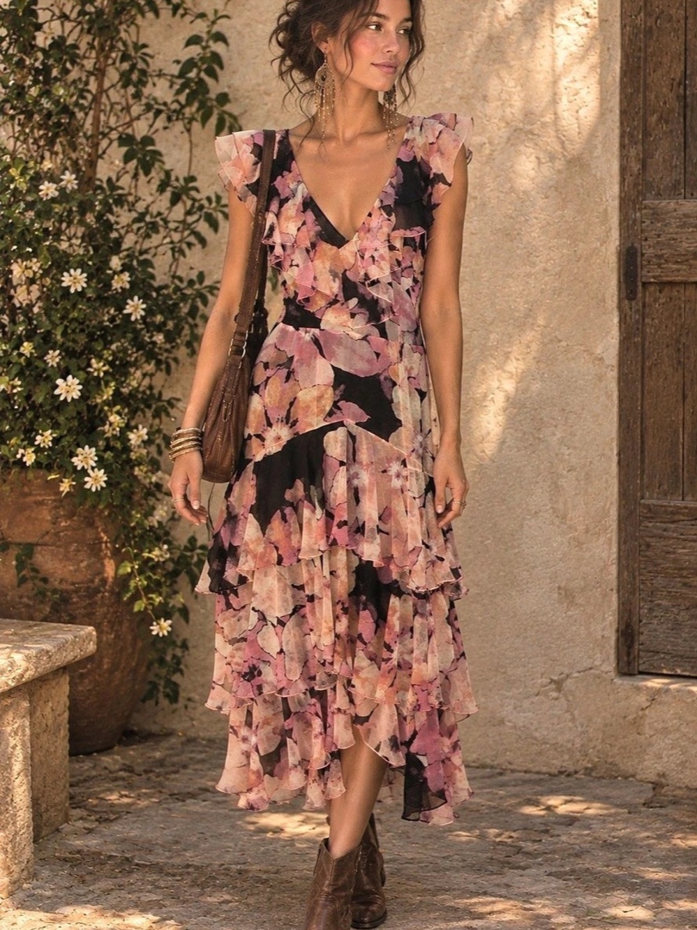 WAYF NWT Floral Ruffle Midi Dress Boho Romantic Tiered Flutter Sleeve XL Layered